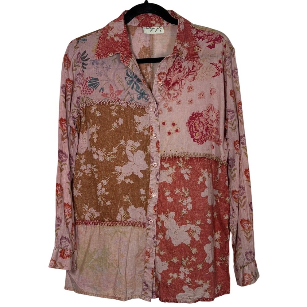 Vintage Goa Pink Floral Patchwork Cotton Button Up Shirt Small Boho Cottagecore
